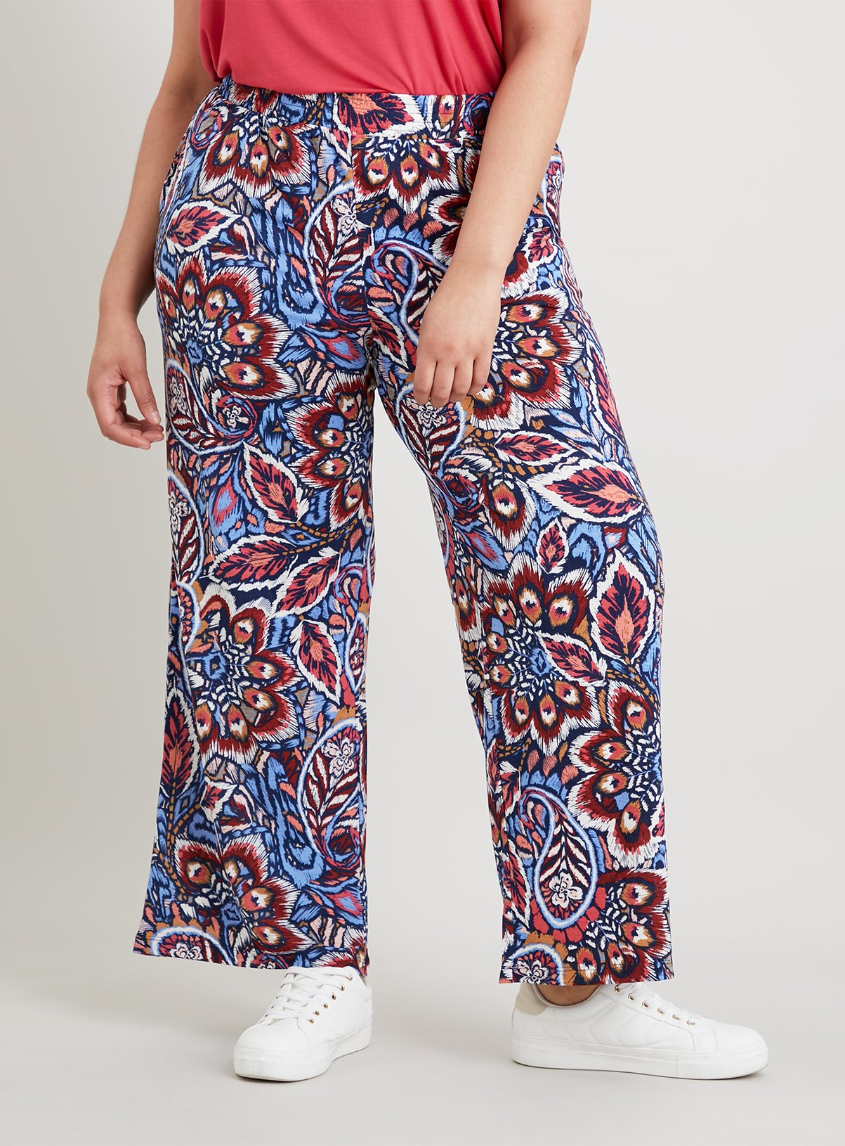 Floral Paisley Print Wide Leg Pants w/ Elastic Waistband